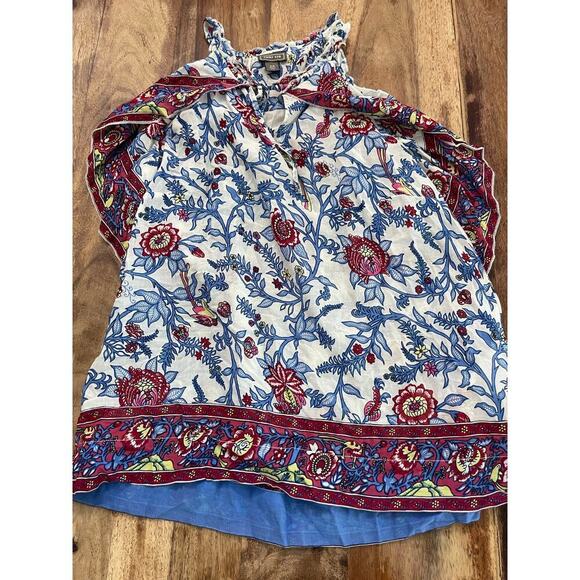 Point Sur Women's Red Blue Floral Print Ruffle Block Print Blouse Top Size 12 - Picture 11 of 15